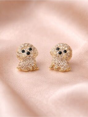 Sterling Silver 925 Gold Crystal Puppy Stud Earrings - Sparkling Dog Motif